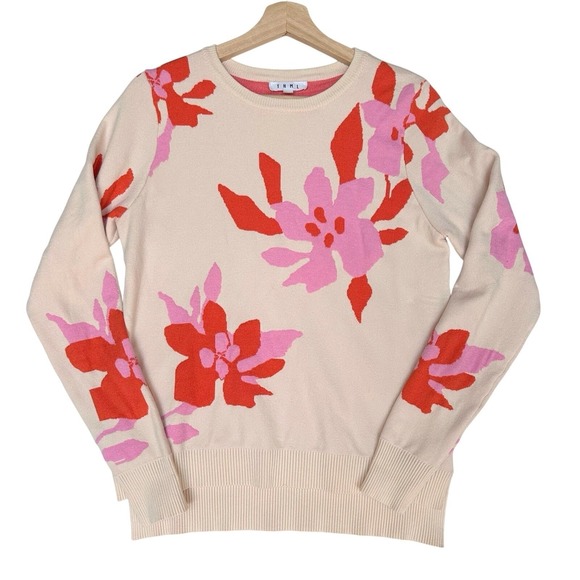 THML Pink Orange Floral Sweater Womens Small Cream Pullover Knit Long Sleeve - Picture 3 of 11